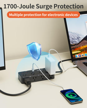 Depow power strip with overload protection prevents excess draw from harming devices.