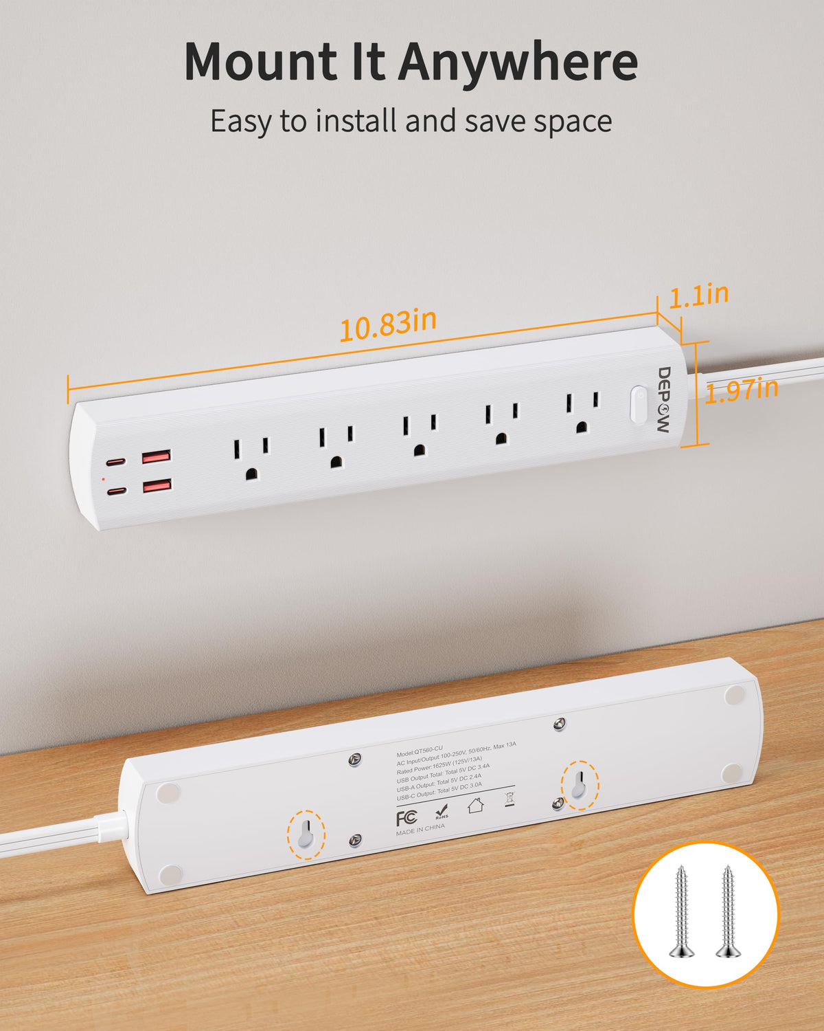DEPOW slim profile power strip tucked behind furniture for a tidy setup