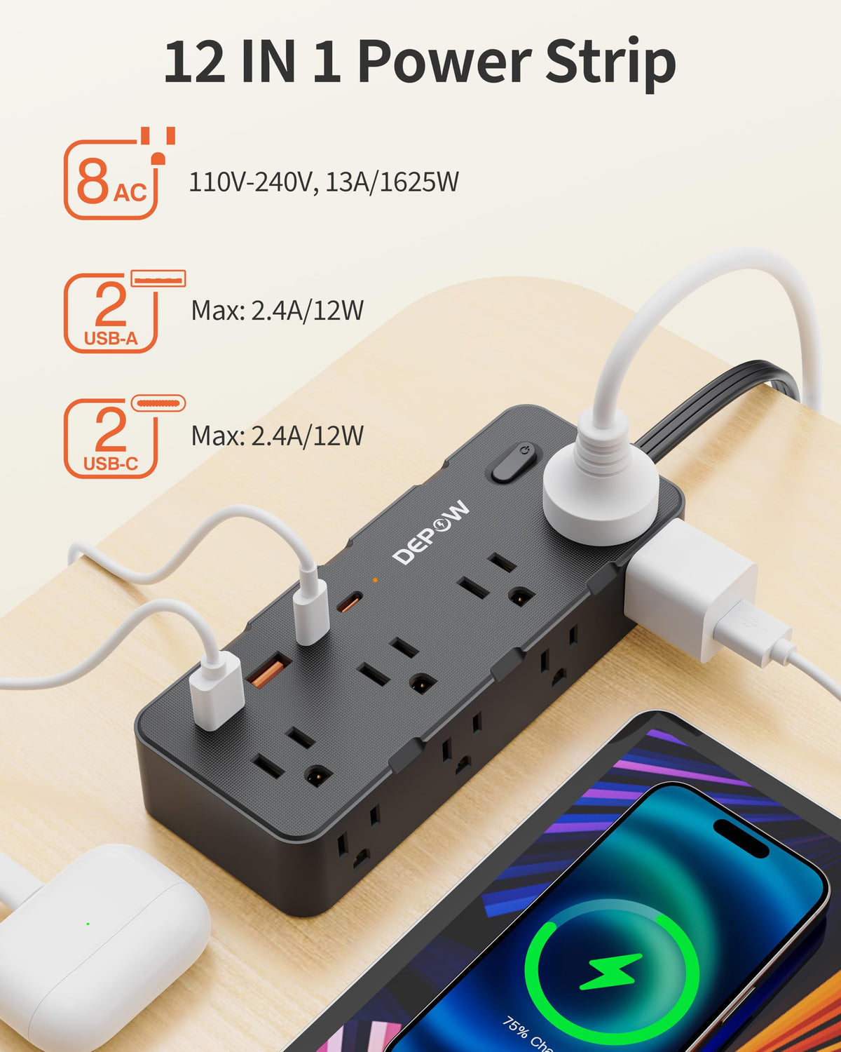 Depow power strip features an ultra-thin plug for easy placement behind furniture.