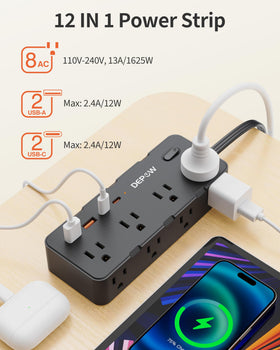 Depow power strip features an ultra-thin plug for easy placement behind furniture.