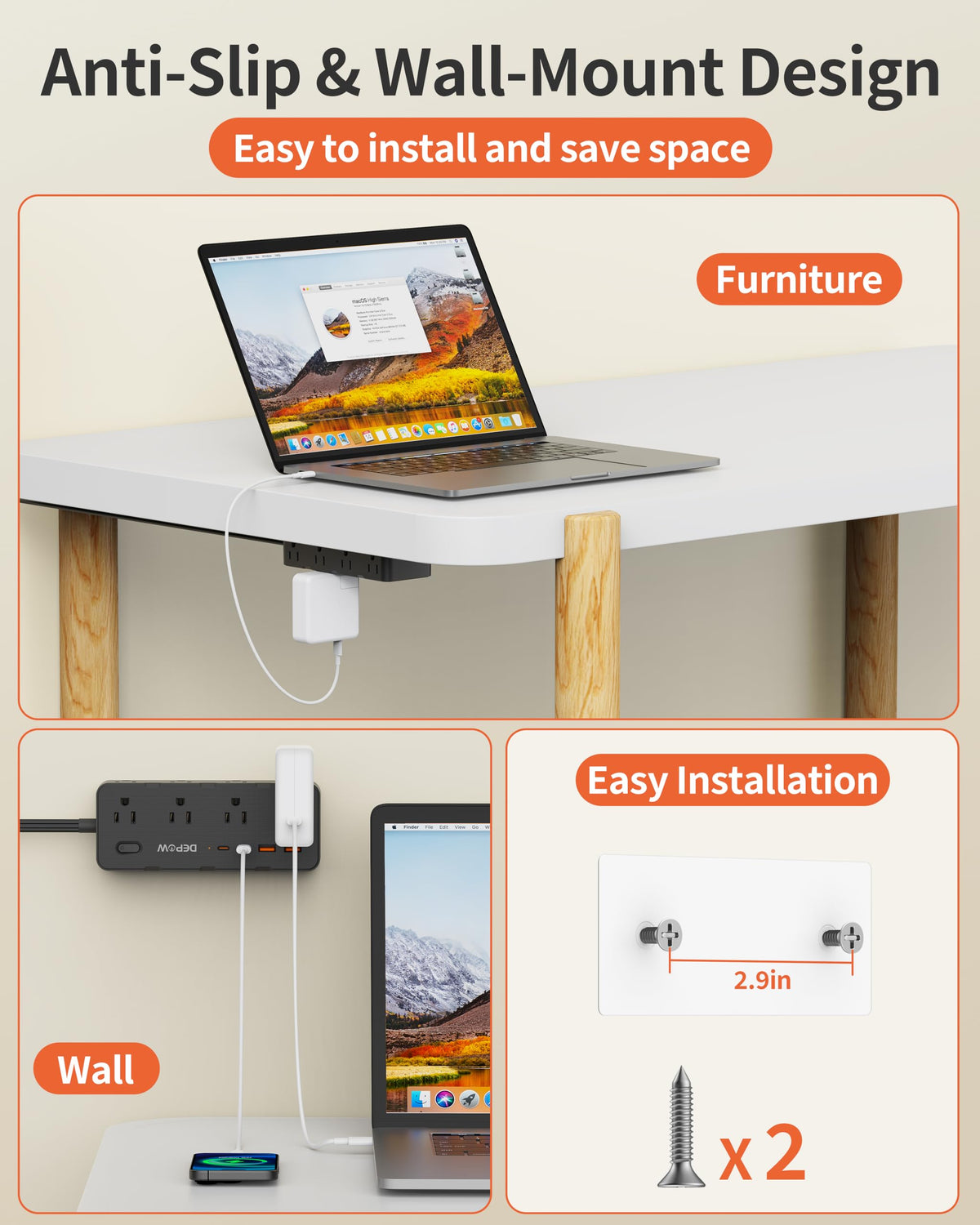 Depow power strip with USB-C ports supports fast charging for devices.