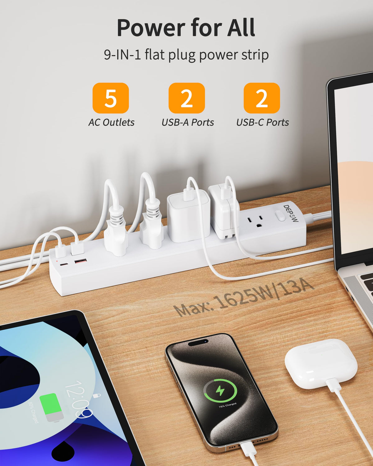 DEPOW power strip USB ports close-up showing simultaneous charging