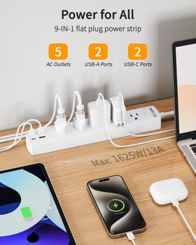 DEPOW power strip USB ports close-up showing simultaneous charging