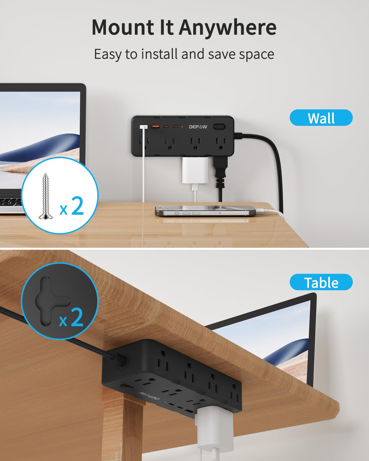 DEPOW beside smartphone to show size and multi-device charging capability