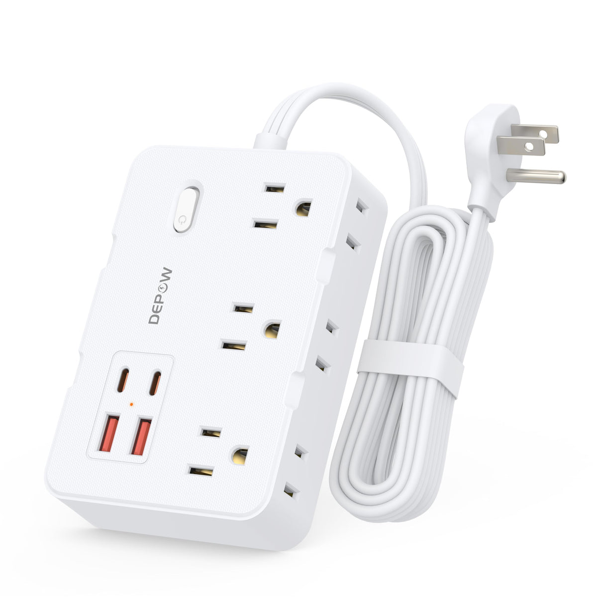 DEPOW surge power strip with flat plug for space-saving wall setup and tidy cables.