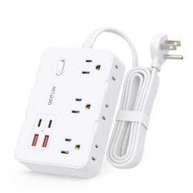 DEPOW surge power strip with flat plug for space-saving wall setup and tidy cables.