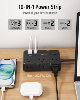 DEPOW surge protector shows six outlets powering multiple devices at once