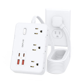 DEPOW surge protector with flat plug offers clean wall outlet access.