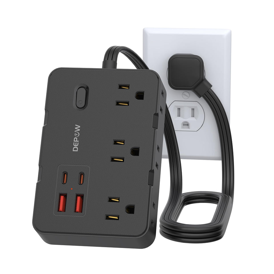 DEPOW power strip with 6 outlets and 4 USB ports for organized charging.