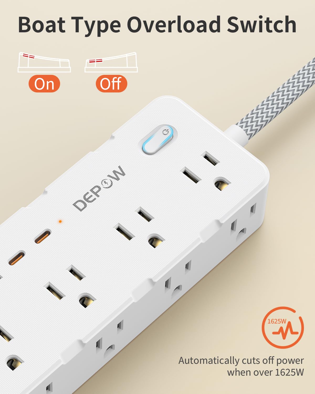 DEPOW ultra-thin flat plug fits behind furniture and tight spaces.