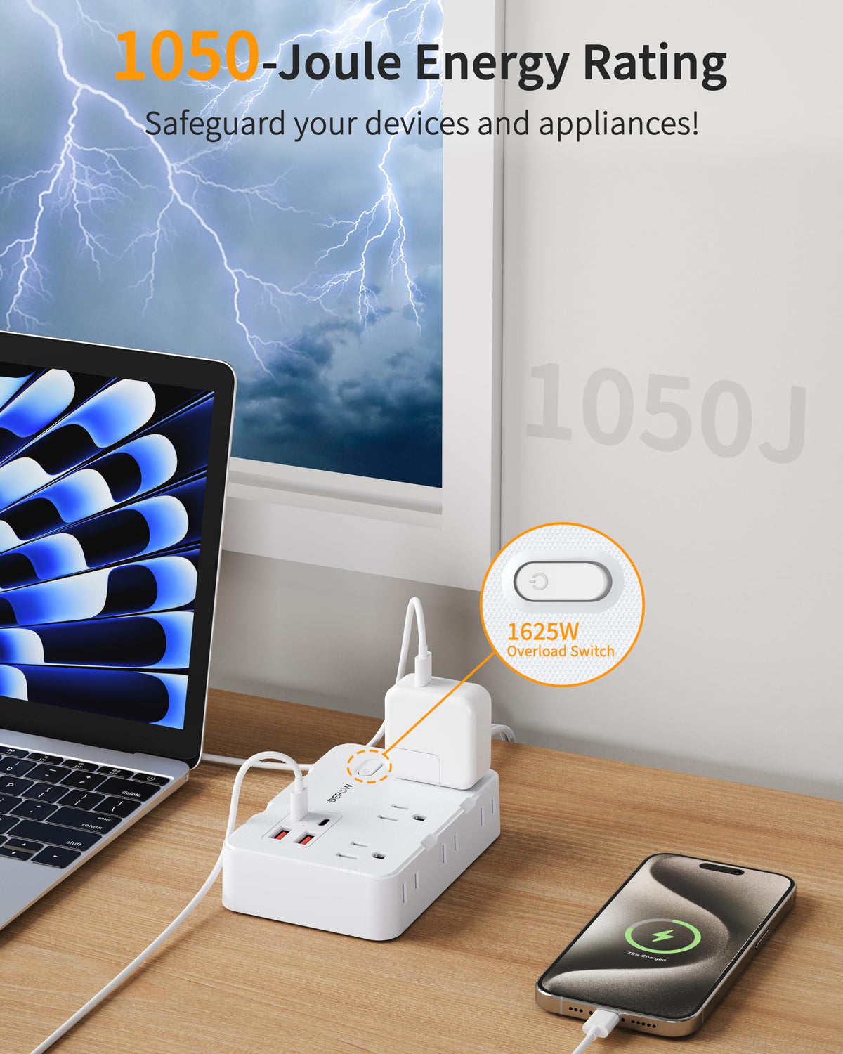 DEPOW wall-mount option secures the slim power strip on walls