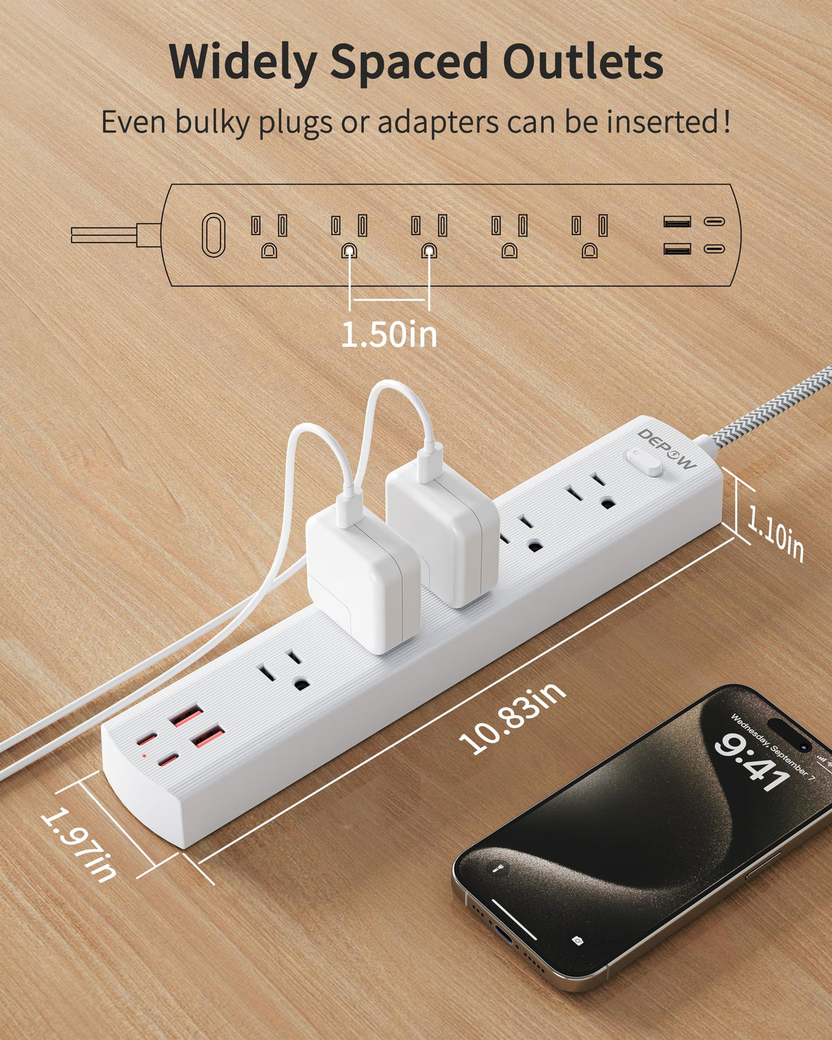 DEPOW wall-mount-ready power strip for kitchens or garages.