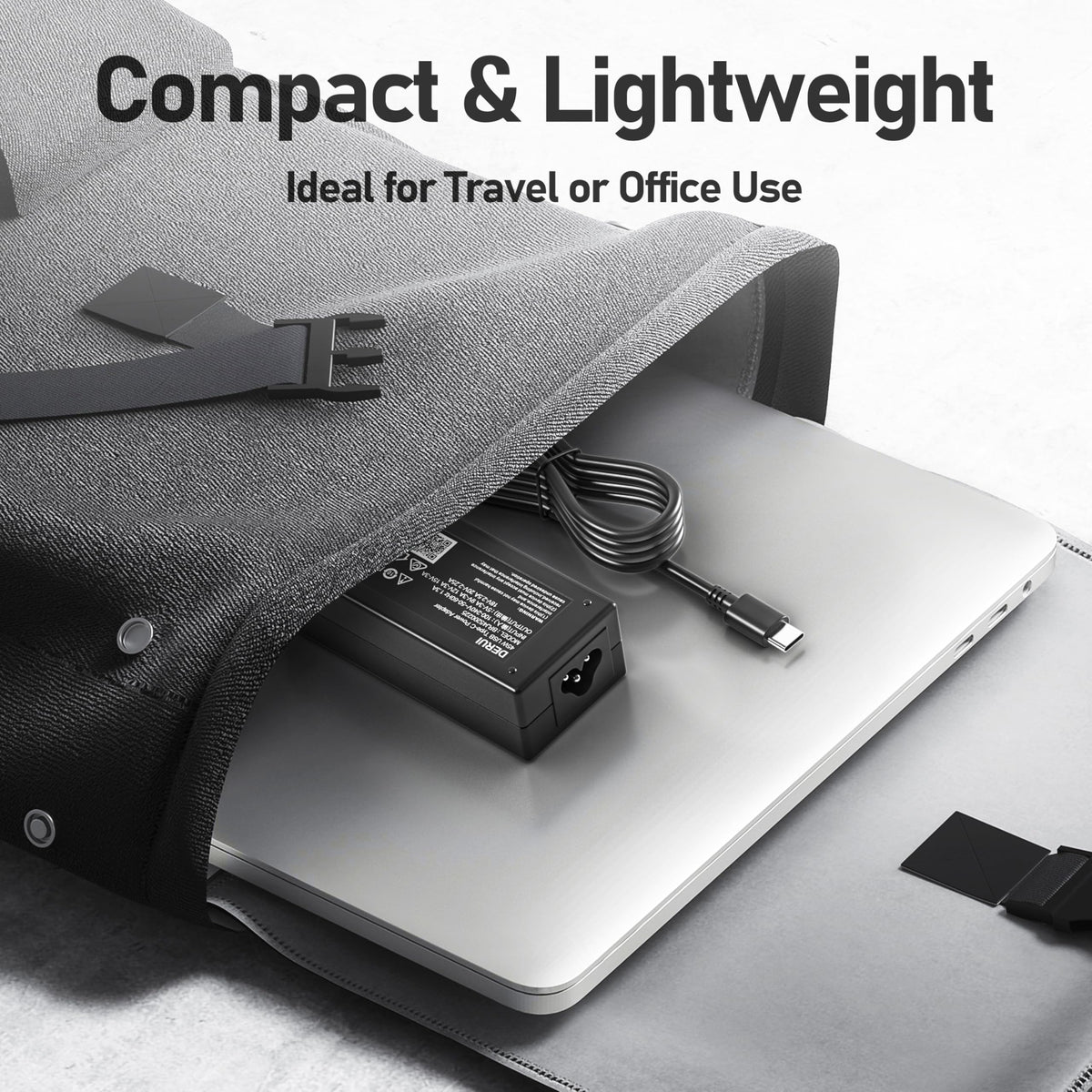 Derui 45W USB-C adapter product box with CE FCC certification icons.