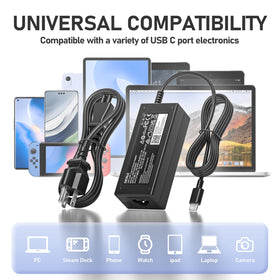 Derui 45W USB-C adapter in use with a laptop for travel charging.