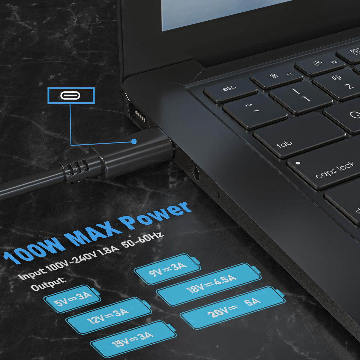 Derui compact USB-C charger, side view, ideal for travel with Lenovo Yoga laptops