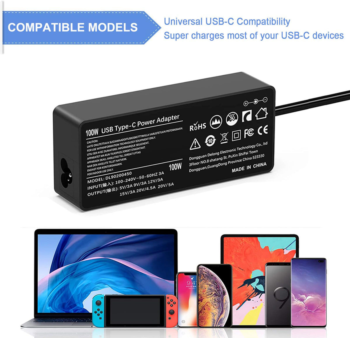 Derui USB-C power adapter compatible with ThinkPad and Yoga lines for versatile charging