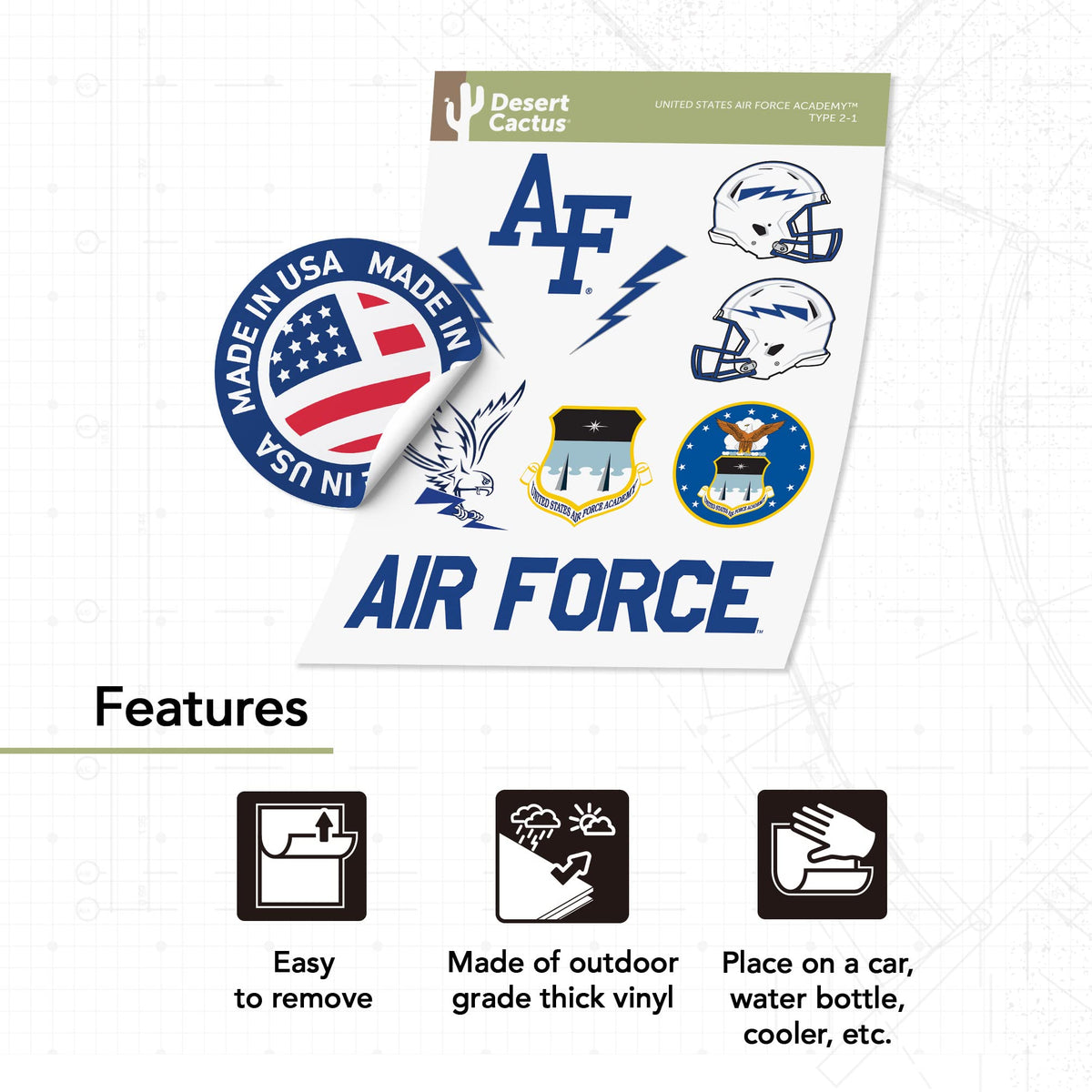Desert Cactus USAFA Fightin Falcons sticker packaging signals US-made quality.