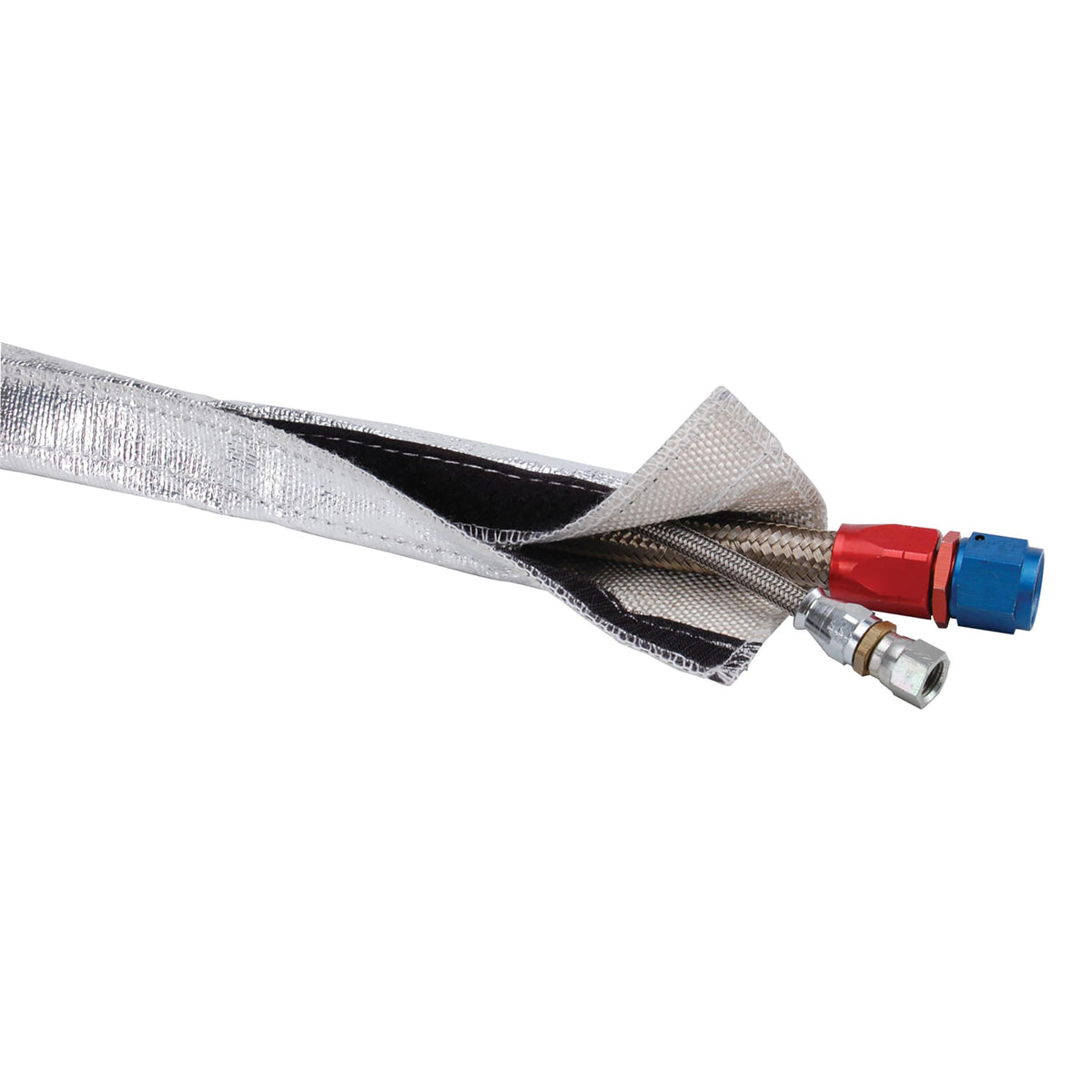 Design Engineering Heat Shroud front view showing hook and loop closure protecting hose