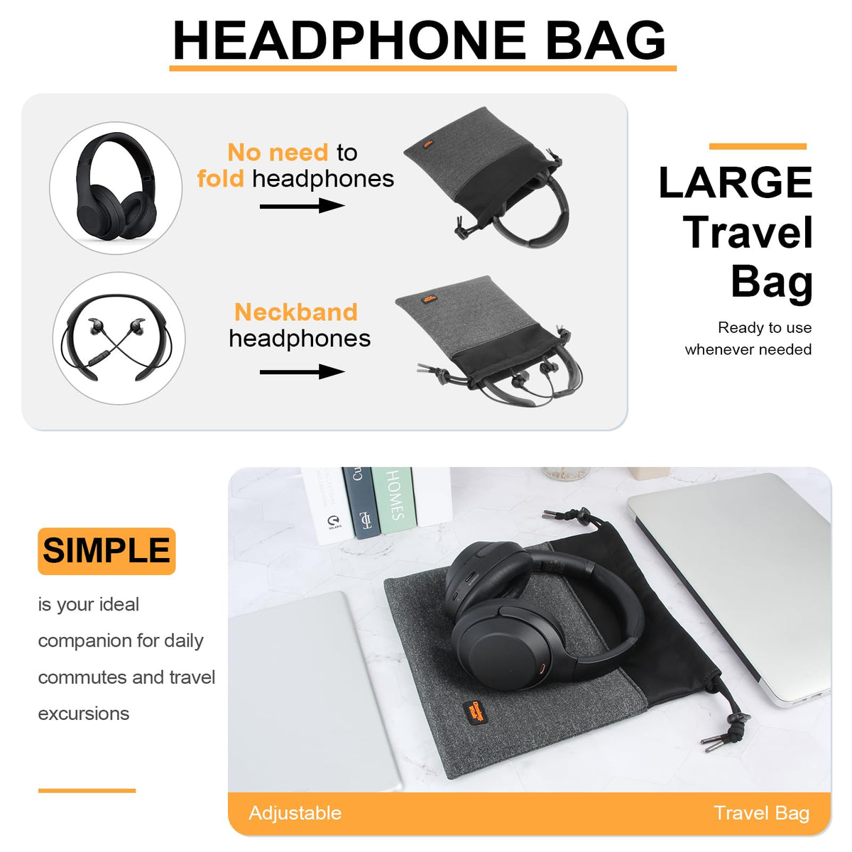 Desing Wish pouch with over‑ear headphones inside showing organized safe storage