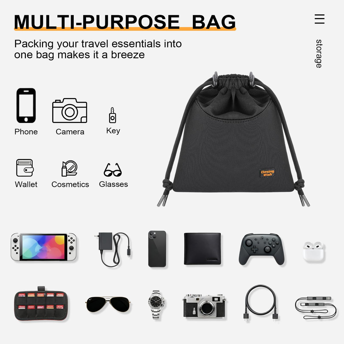 Desing Wish pouch holding headphones inside a backpack to protect during travel