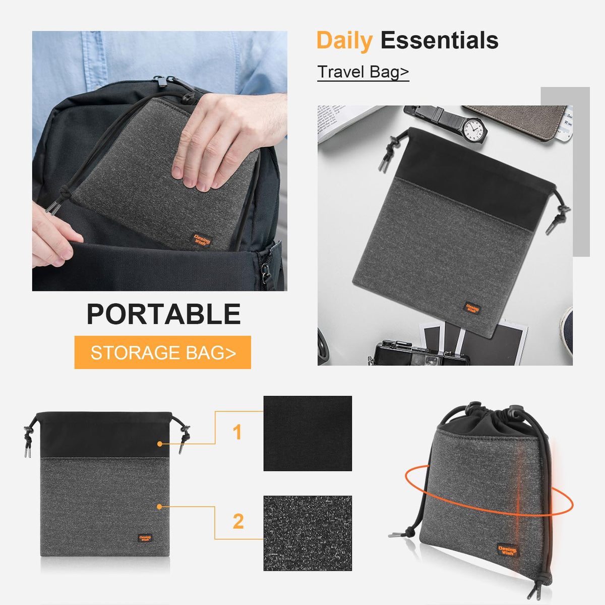 Desing Wish pouch beside over‑ear headphones for size comparison and fit confirmation