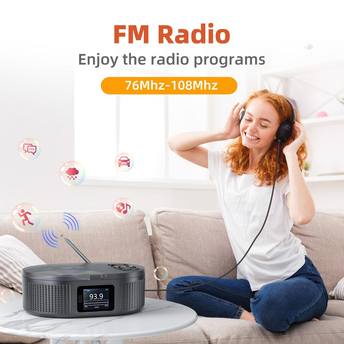 Desobry cd player in boombox with FM radio interface and tuning