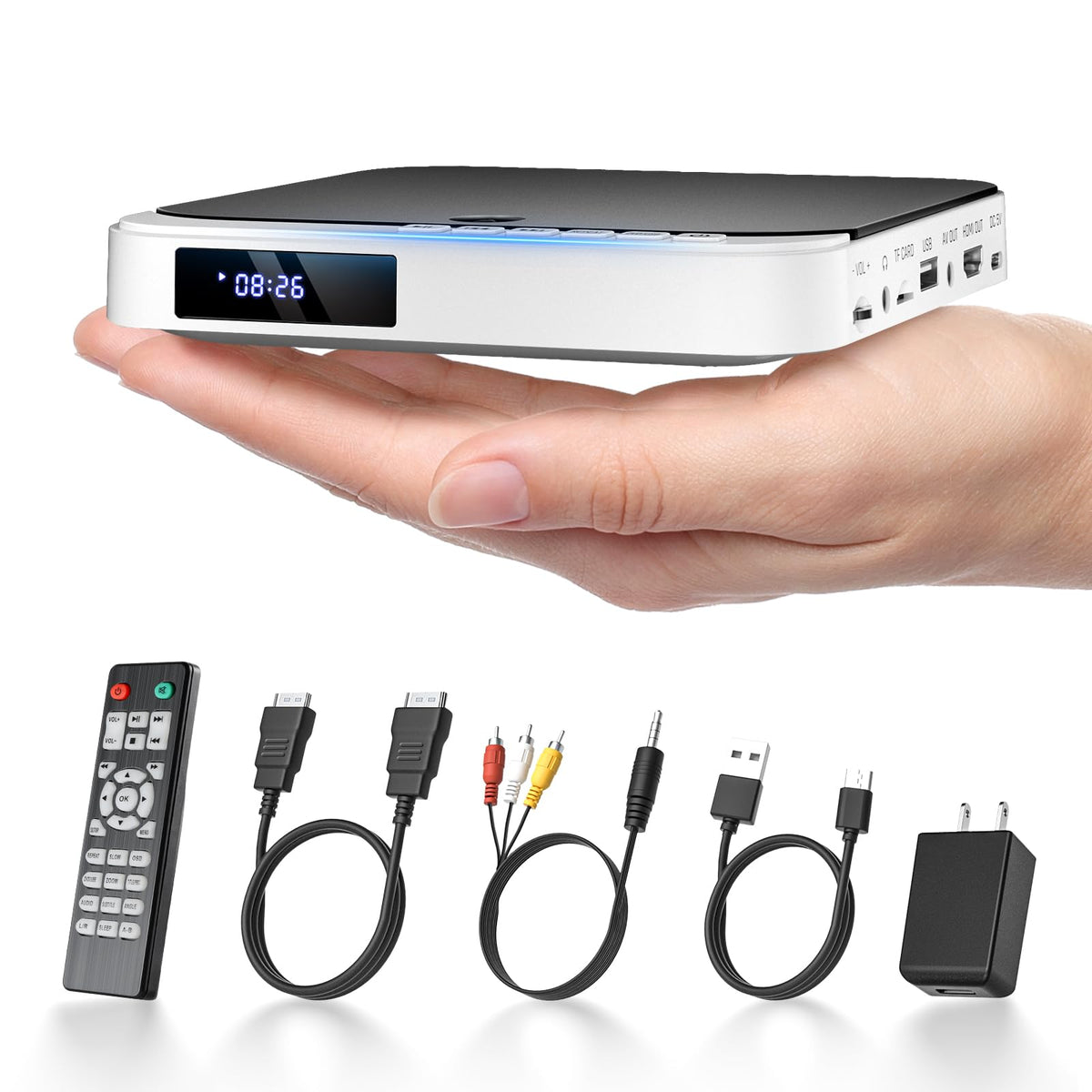 DESOBRY front panel showing disc tray and power button, clear playback control
