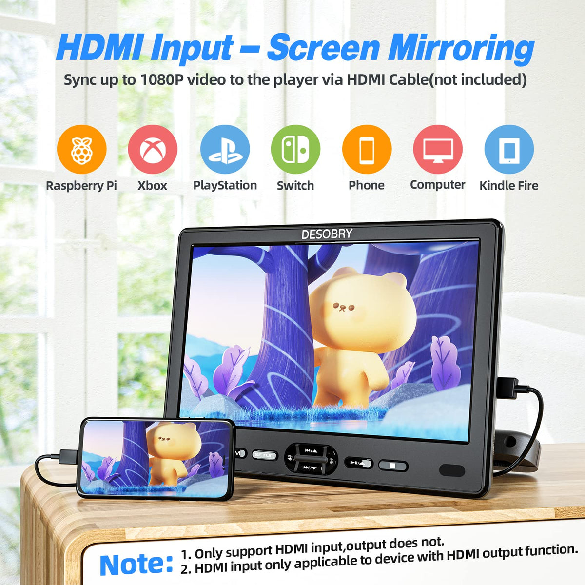 DESOBRY HDMI input enables syncing 1080p from compatible devices.