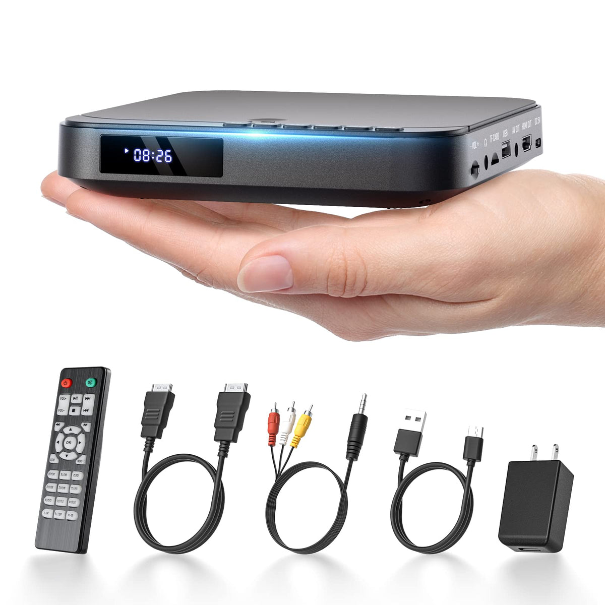 DESOBRY mini DVD player front view showing controls and easy setup benefit