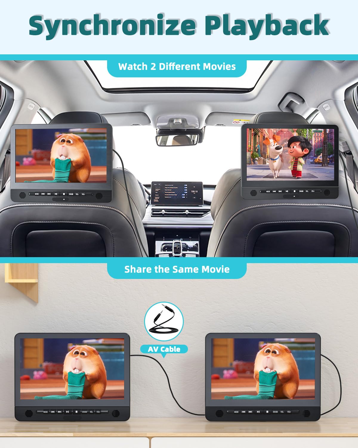 DESOBRY sync play cables mirror content on both screens