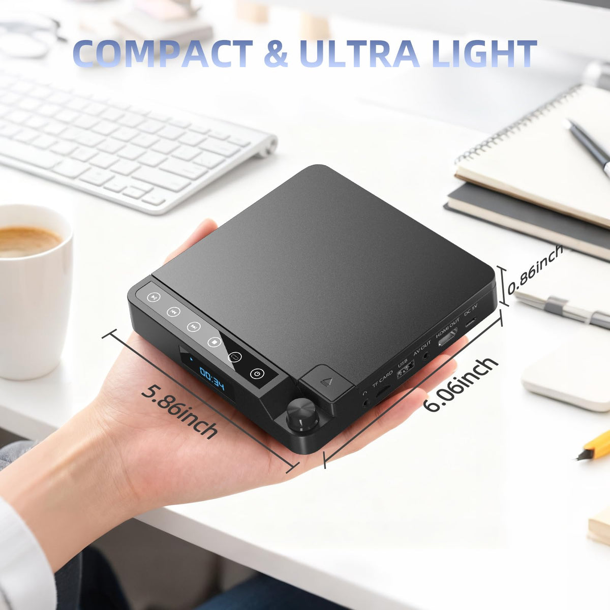 Desobry USB and TF ports close-up highlighting USB/TF media playback support