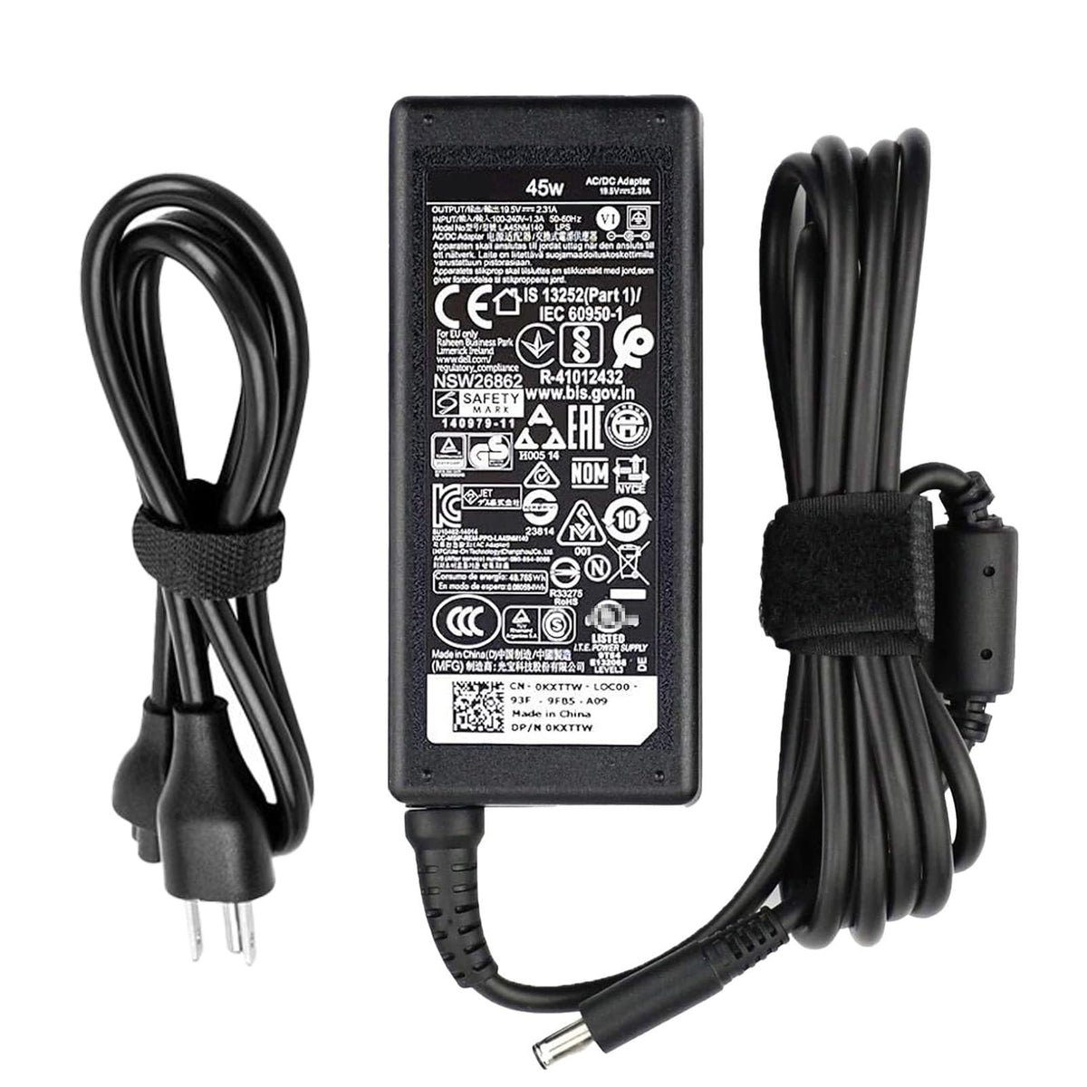 Deuanr 45W round-tip charger for Dell Inspiron, front view, portable for on-the-go charging.