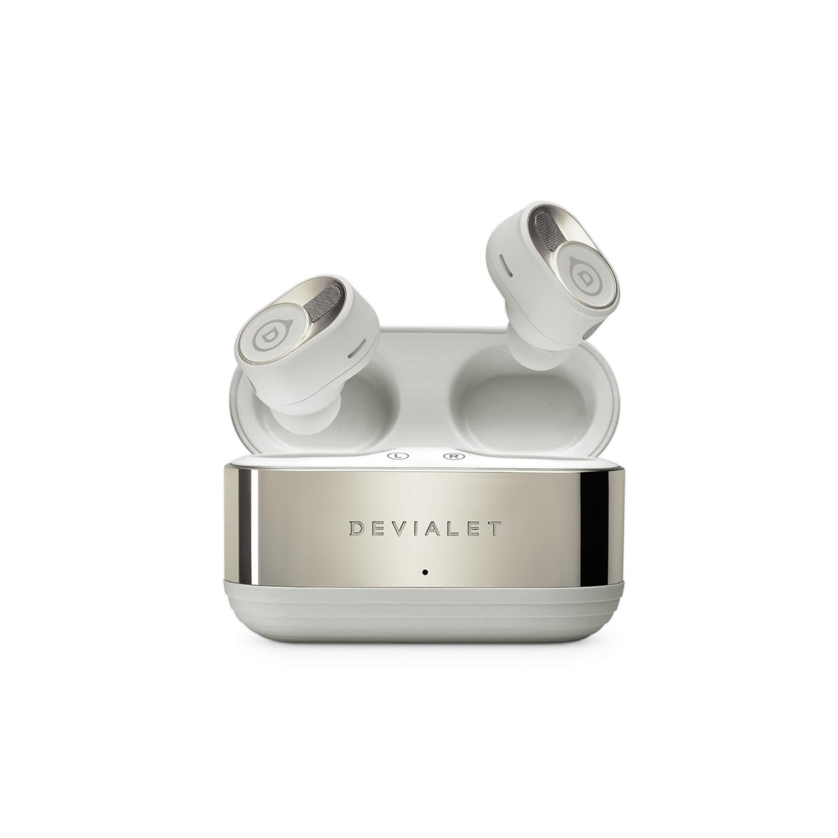 Devialet Gemini II earbuds close-up, showcasing pristine audio fidelity for daily listening on the go.