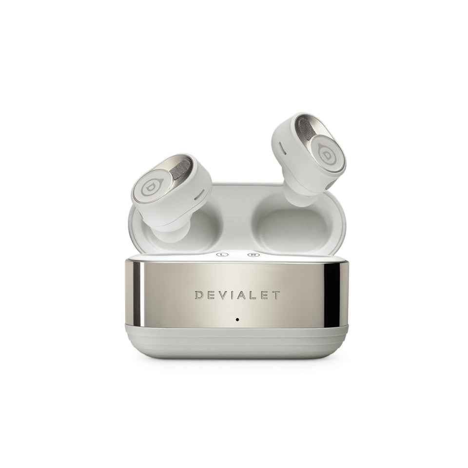 Devialet Gemini II earbuds close-up, showcasing pristine audio fidelity for daily listening on the go.