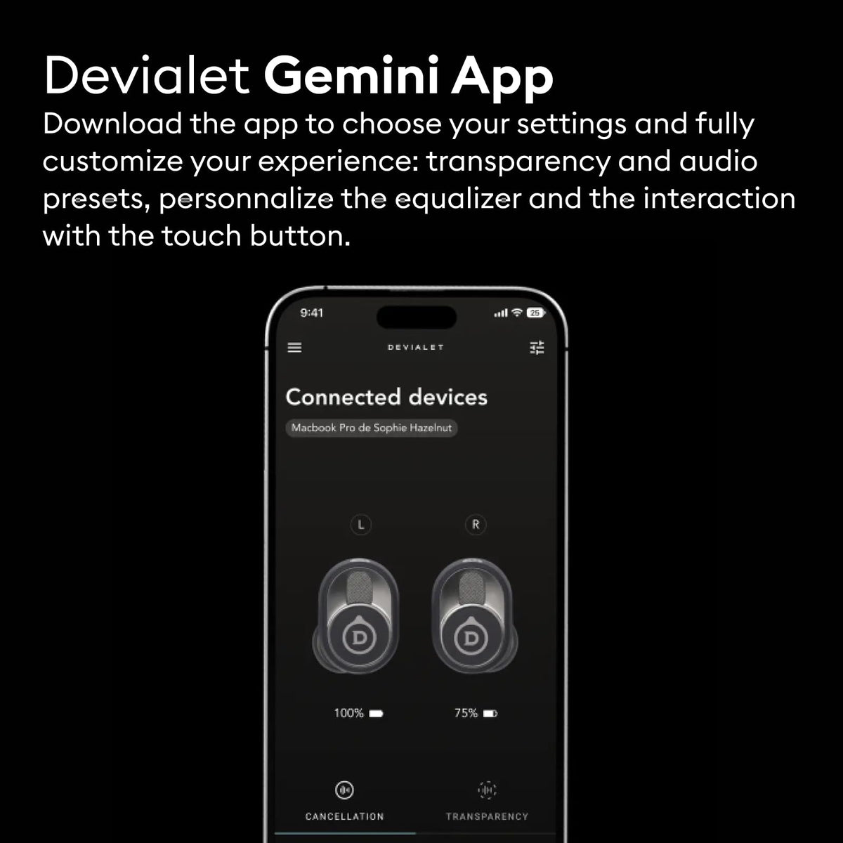 Devialet Gemini II with noise cancellation mode for immersive silence during commutes.