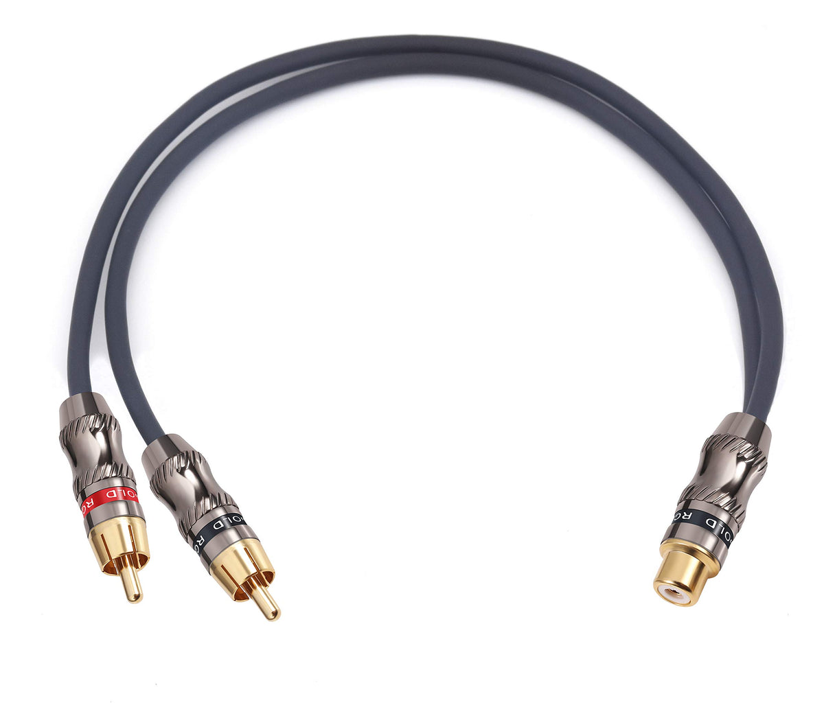Close-up of Devinal 24k gold-plated RCA connectors highlighting corrosion resistance