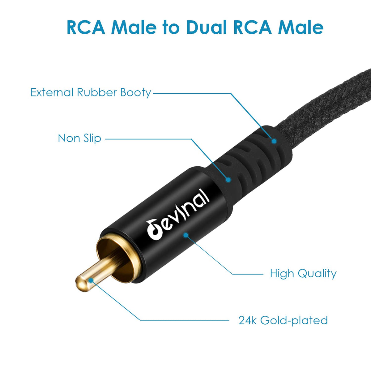 Devinal gold-plated RCA plug close-up highlighting durable connectors for stable connections