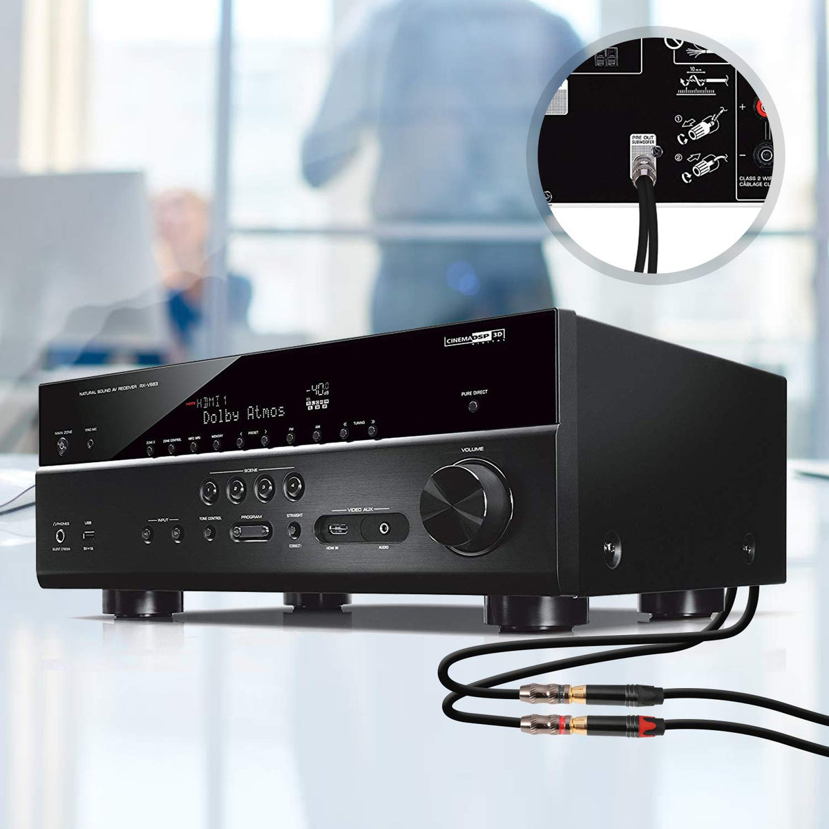 Devinal RCA splitter in a compact form ideal for hidden setup behind TV stands.