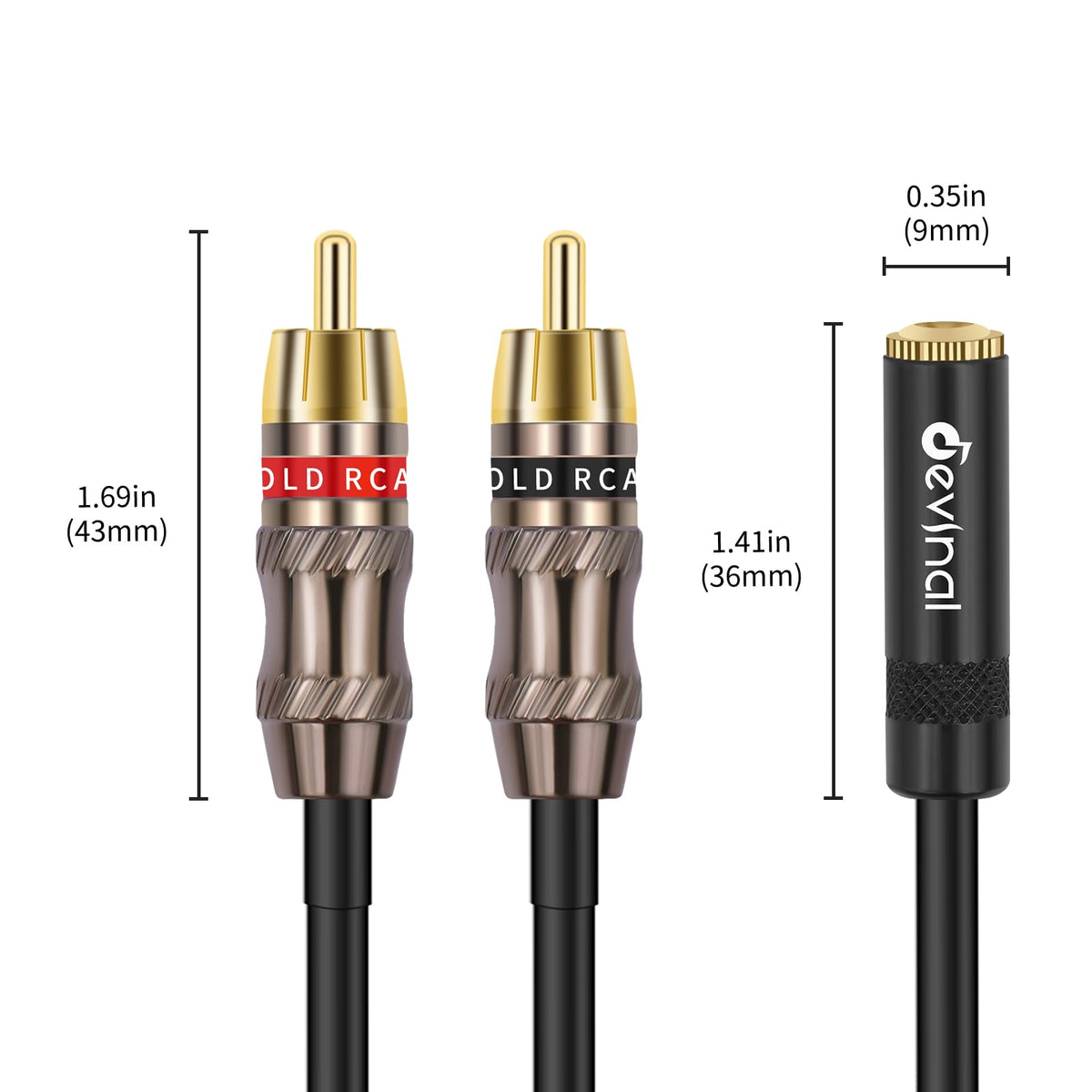 Devinal close-up of gold-plated RCA plugs highlighting durable audio transfer.