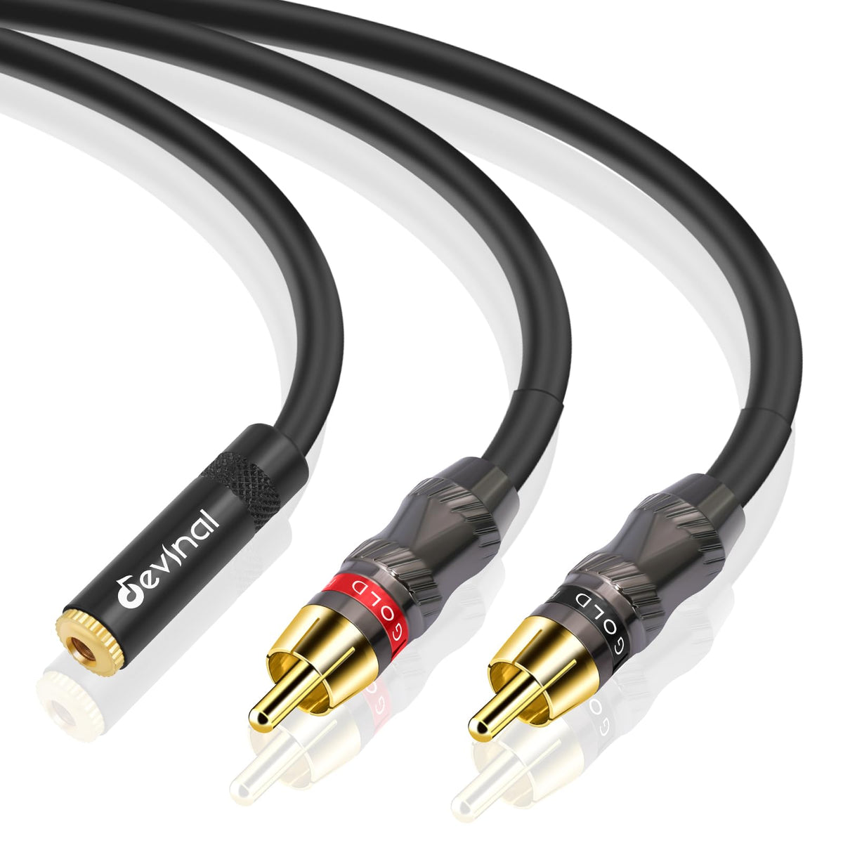 Devinal RCA to 3.5mm breakout cable close-up shows gold-plated RCA tips for reliable stereo connection.
