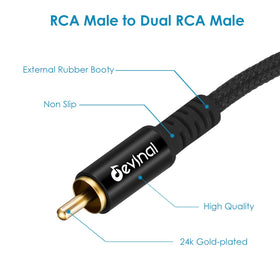 Devinal RCA Y splitter 1 to 2 male connectors enables dual speaker outputs.