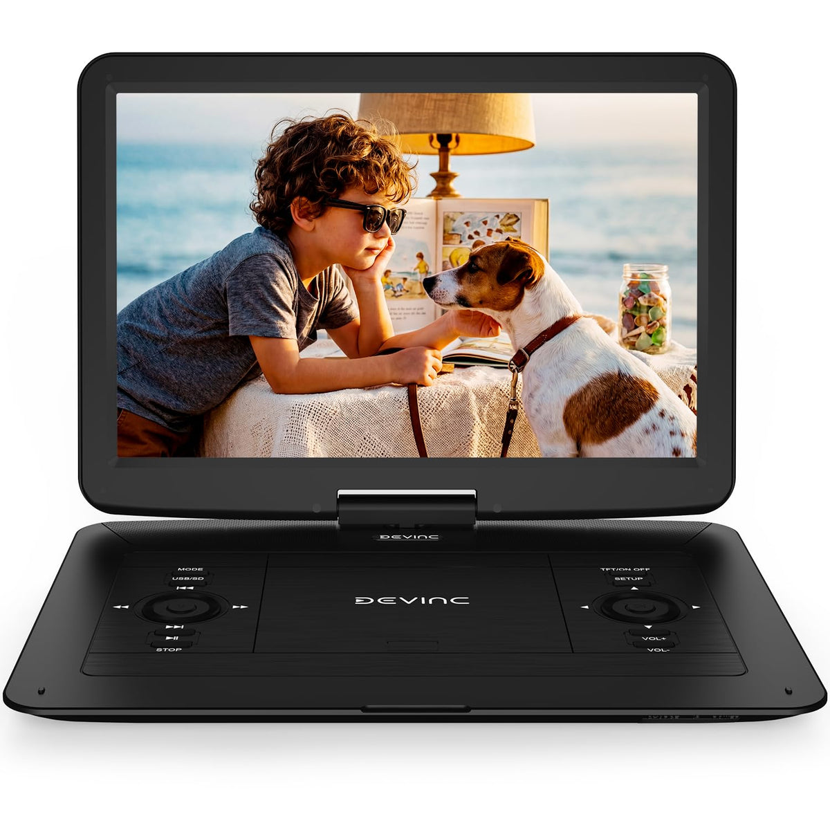 DEVINC 15.6-inch HD swivel screen for backseat viewing on family trips.