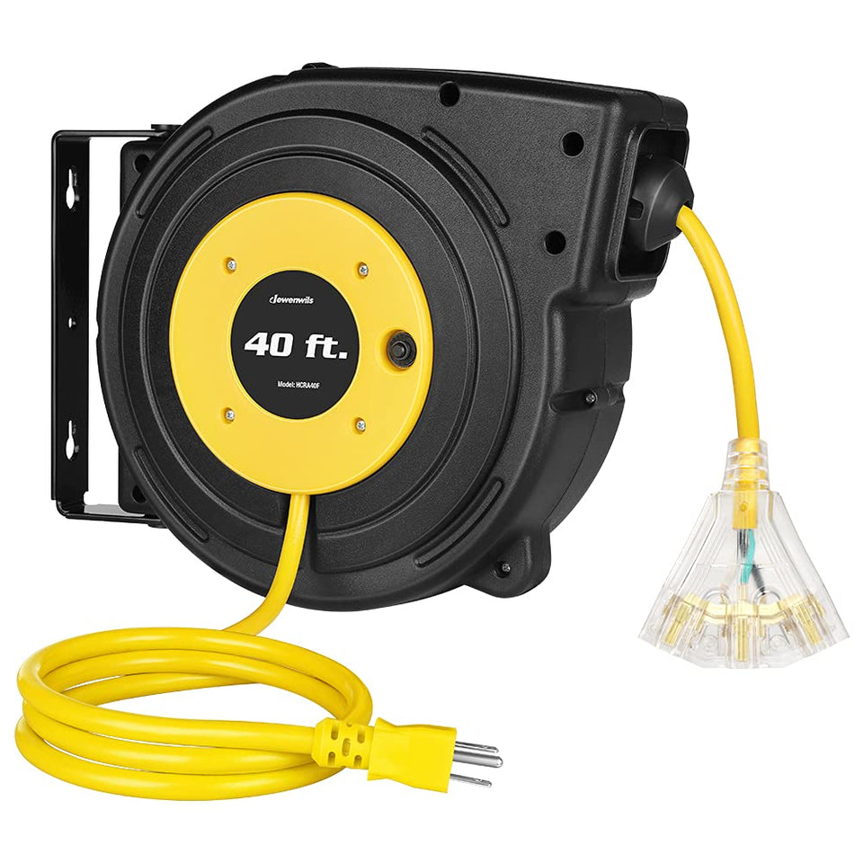 DEWENWILS 40ft retractable extension cord reel in yellow for easy access and organization