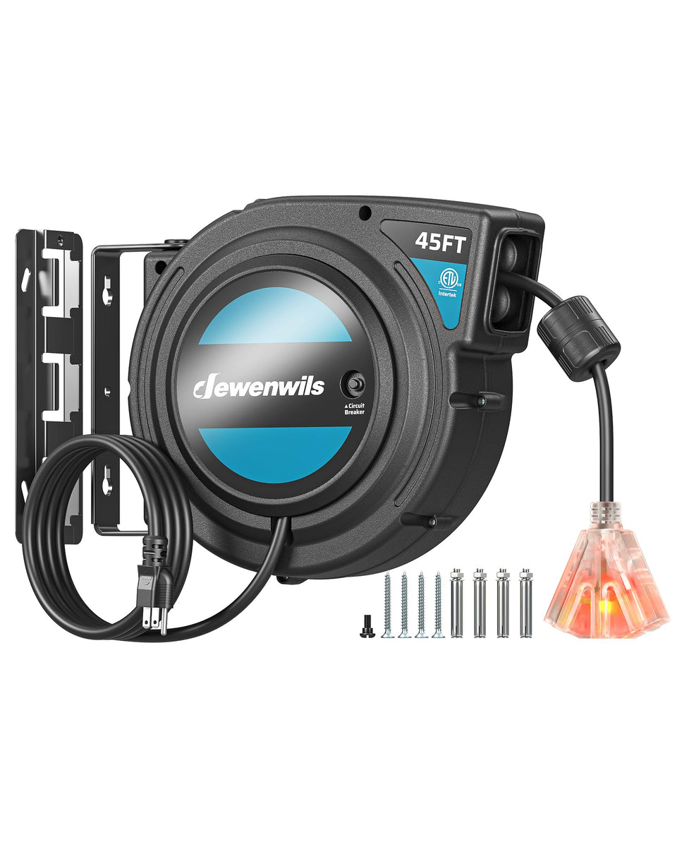 DEWENWILS 45ft cord reel with locked mechanism keeps cords tangle-free during outdoor projects.