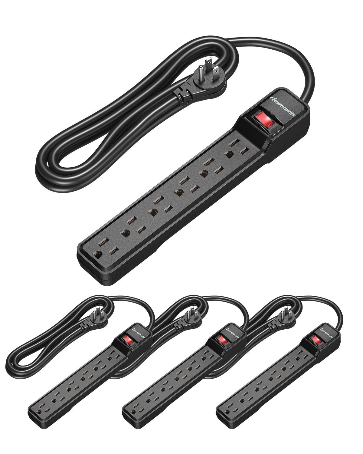 DEWENWILS front view showing 6 outlets and sleek design for organized power