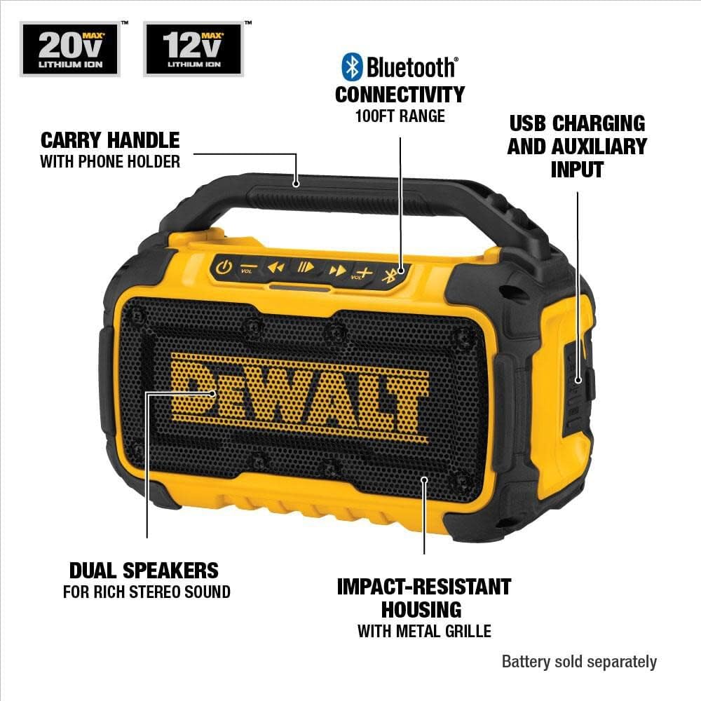 DEWALT DCR010 side view shows portable design for easy jobsite transport.