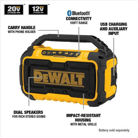 DEWALT DCR010 side view shows portable design for easy jobsite transport.