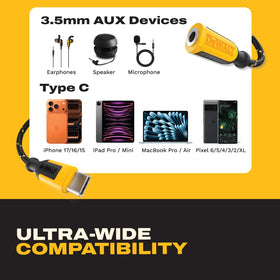 DEWALT 3.5mm jack closeup showing CTIA socket compatibility for headsets and mics