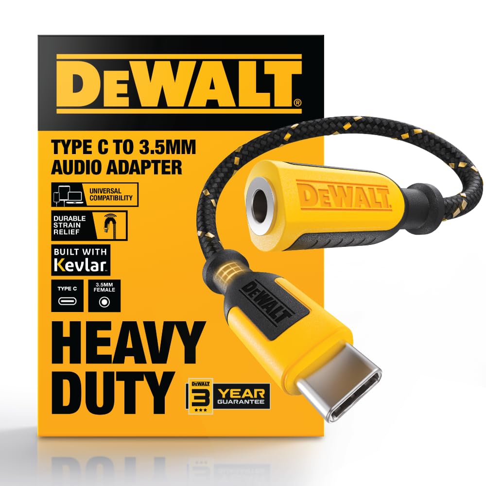 DEWALT front view of USB‑C to 3.5mm adapter showing compact durable design and portability