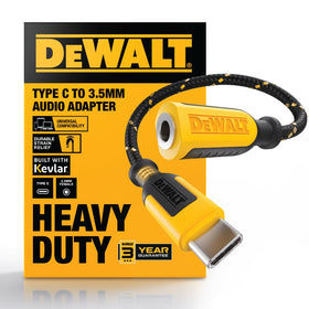 DEWALT front view of USB‑C to 3.5mm adapter showing compact durable design and portability